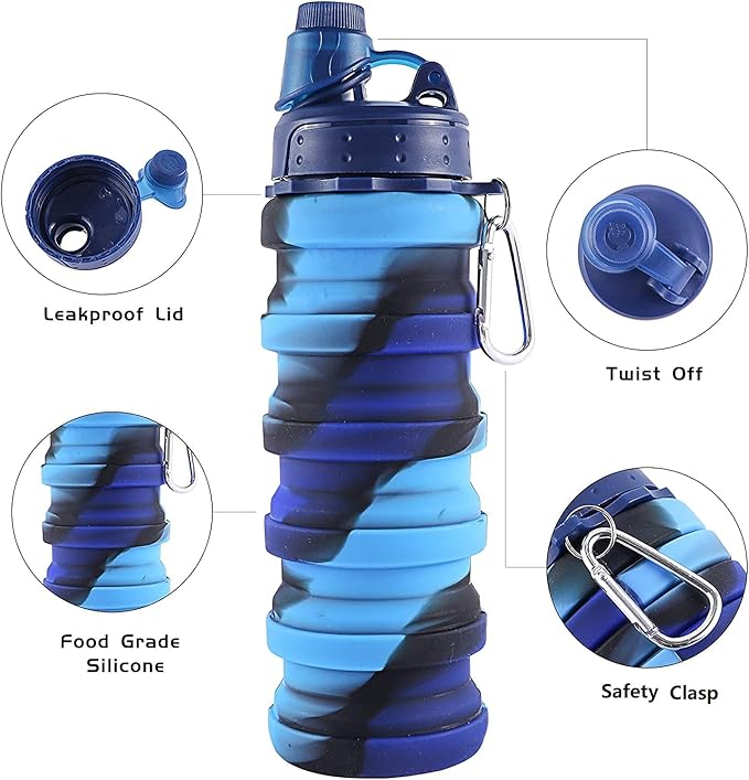 Collapsible Water Bottles 2 pack Travel Water Bottle Portable Hiking Water Bottle with Leak proof 500ML Reusable BPA Free Silicone Water Bottles. (Blue Camouflage +Yellow Camouflage)