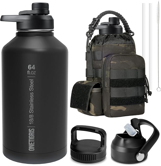 OneTigris Tactical Half Gallon Water Bottle with Straw - 64 oz Vacuum Insulated Stainless Steel Water Jug, Leakproof Sport Bottle with 3 BPA Free Lids, Paracord Handle & MOLLE Water Pouch for Outdoor