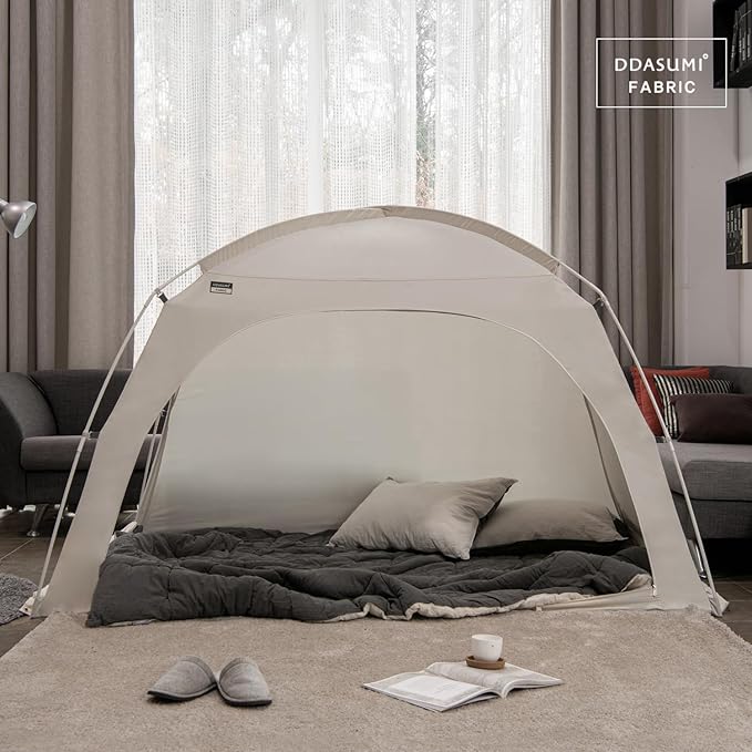 Fabric Indoor Bed Tent, Privacy Play Tent on Bed for Warm and Cozy Dream Sleep Tent, Floorless Type Tent.Cotton Feeling Tent,S-PE Pole, Washable Tents (Grey, Twin)