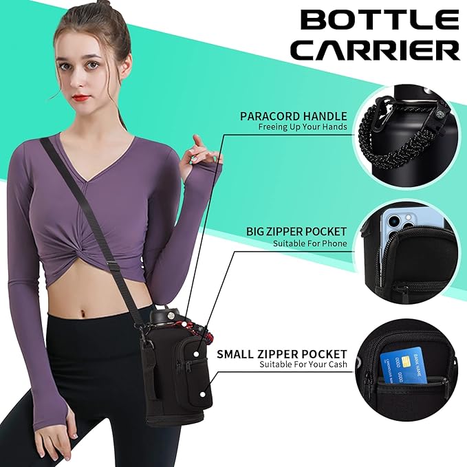 Insulated Water Bottle 64oz - w/Paracord Handle, Straw & Spout Lids, Carrier Bag, Half Gallon Sport Stainless Steel Water Flask Jug, Thermo Mug Triple-wall Vacuum Insulated Water Bottle