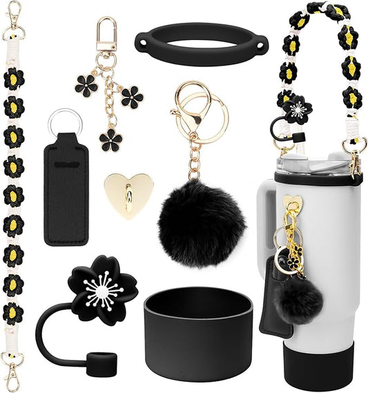 Stanley Cup Accessories Set Including 1 Pcs Water Bottle Handle Strap, 1 Pcs Siliocne Straw Cover, 1 Pcs Siliocne Stanley Cup Boot, 3 Pcs Stanley Charms for Stanley Cup 40oz & 30oz Tumbler - Black