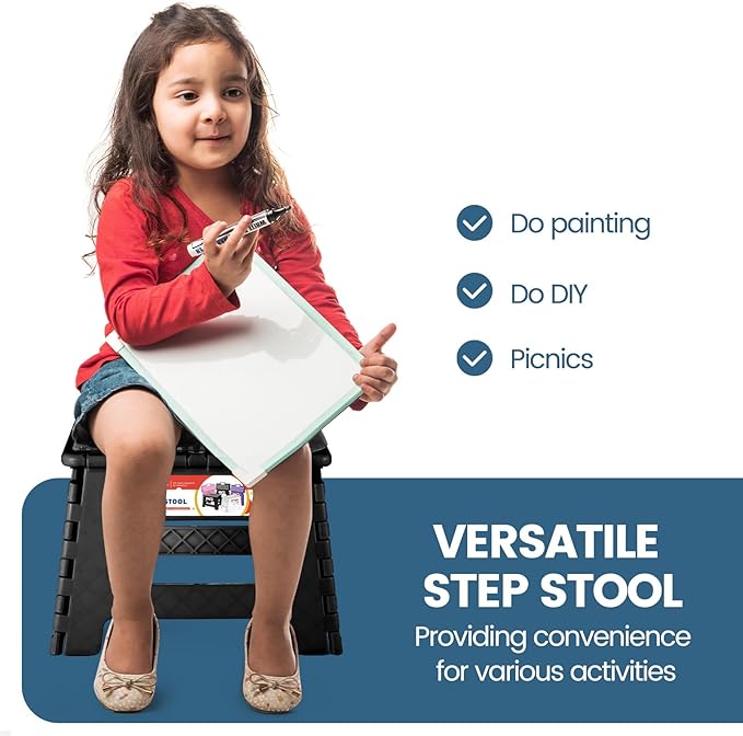 ACSTEP 9 Inch Folding Step Stool 300 LB Capacity Non Slip Foot Stool with Handle Plastic Foldable Step Stools for Kids Stepping Stool for Bathroom Black Small Step Stool (1 PC Black)