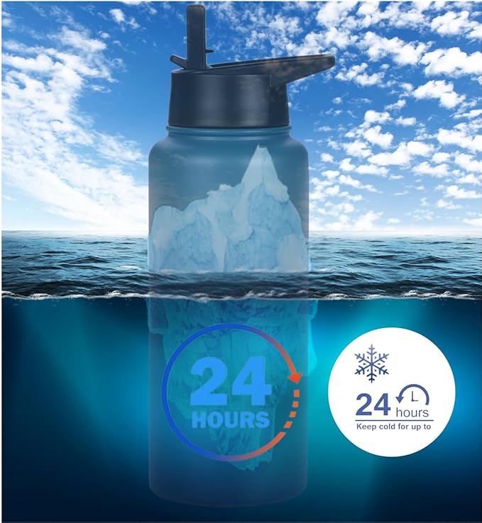 Water Bottle Insulated 32oz Straw Lid, Leak Proof, Vacuum Insulated,Stainless Steel Water Bottle Wide Mouth for Sports, Gym, BPA-Free Keep Cold 24H Hot 12H (NAVY GREEN)