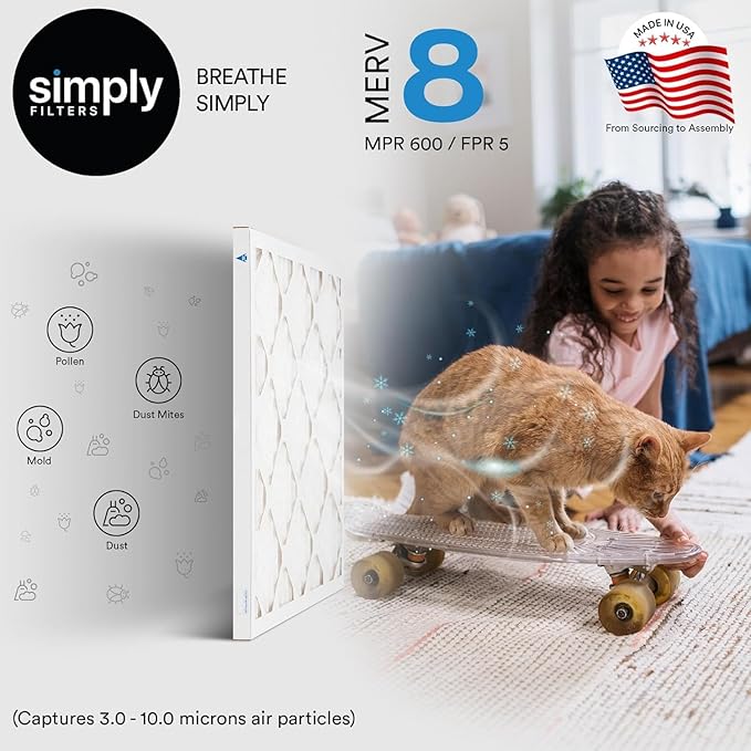 Simply 20x25x4 Air Filter, MERV 8, MPR 600, 6 Pack, Furnace Air Filter for HVAC (Actual Size:19.5"x24.5"x3.63") DUST, Pet, & Allergy Control