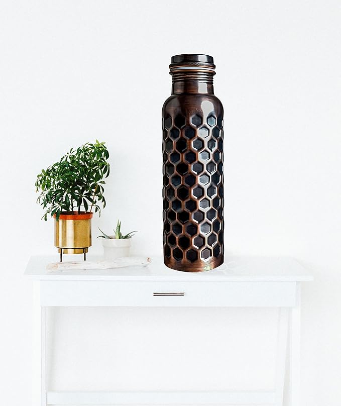 Copper Water Bottle With Beautiful Design - Leak Proof Ayurvedic Drinkware Copper Vessel for Sports, Gym, Outdoors, Yoga, (Design 20)