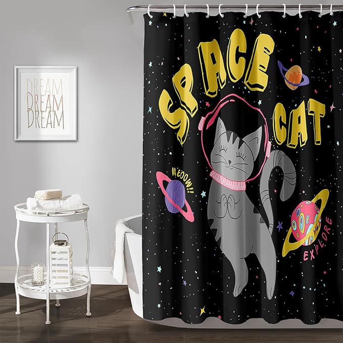 AILONEN Kawaii Cat Shower Curtains,Galaxy Aerospace Cat Bath Curtain for Bathroom,Outer Space Polyester Waterproof with 12 Plastic Hooks 72" W*84" H