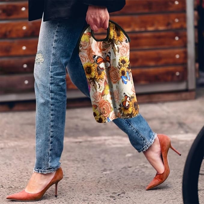 doginthehole Rose Butterfly Wine Bag Two Bottles Wine Bottle Carriers Tote Sunflower Print Wine Carrying Cooler Tote Bag Reusable Wine Bottle Protector Neoprene Protective Sleeve