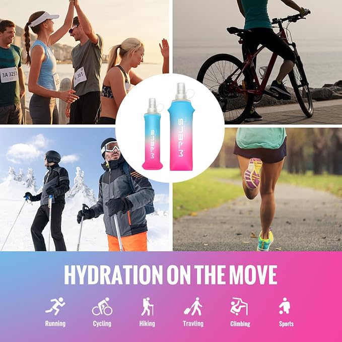 Collapsible TPU Soft Flask，Reusable Handheld Soft Water Bottle for Hydration Pack,BPA Free Gradient Folding Water Flask for Running Cycling Climbing (Light Blue&Pink-500ml*2)