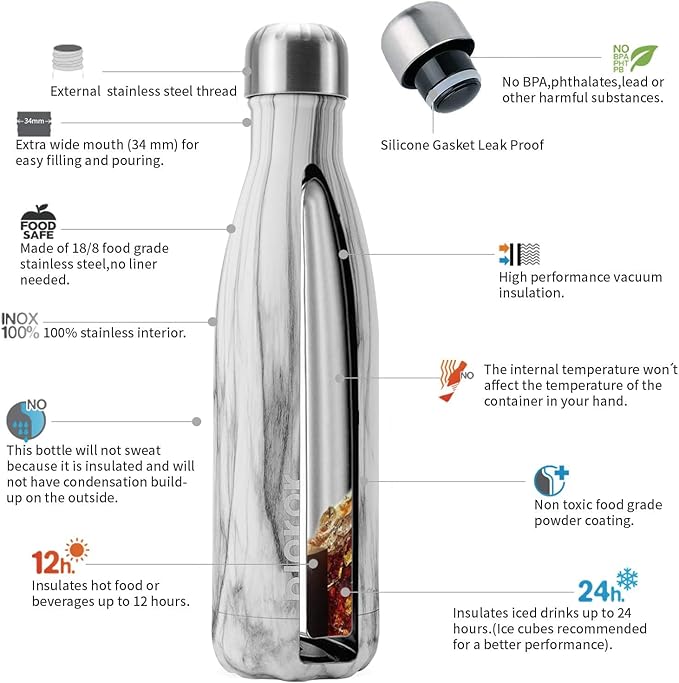 BJPKPK Insulated Water Bottles -17oz/500ml -Stainless Steel Water Bottles,Sports Water Bottles Keep Cold for 24 Hours and Hot for 12 Hours,BPA Free Water Bottle,White Birch