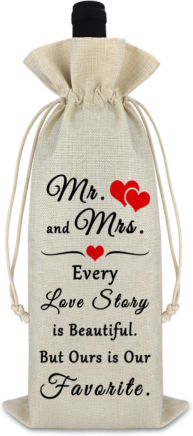 Valentine's Day Gift for Women Men Wine Gift Bag Anniversary Engagement Wedding Gift for Couple Wine Wrap Bag Proposal Birthday Gift for Women Men Drawstring Burlap Wine Bag New Year Christmas Gift