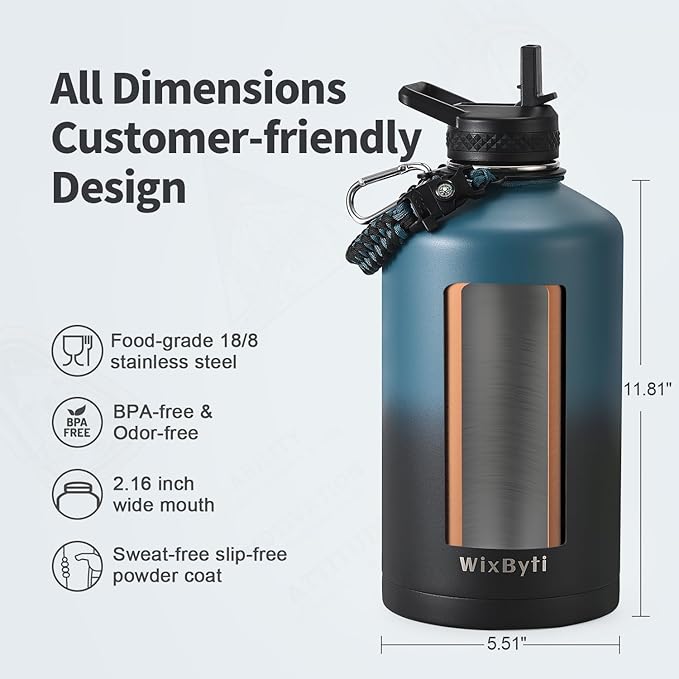 One Gallon Water Bottle Insulated with DIY Stickers, Triple Wall Vacuum Cold for 48 Hrs Leak-proof Non-BPA, 128oz Large Sports Stainless Steel Water Jug with Paracord Handle Straw Spout Lids
