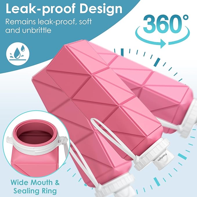 Collapsible Water Bottles,BPA-Free Leak-Proof Silicone Foldable Water Bottle Cup 20.6oz,Durable Lightweight Bottle for Gym Travel Camping Hiking Running (Pink)