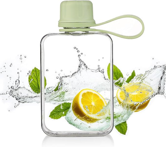 Tritan Transparent Flat Water Bottle samll Water Bottle Slim Square Pocket Bottle Water Flask, BPA Free/Slim Design/Leak Proof Water Bottle for Travel, Outdoor, Sports (Matcha Green, 240ML)