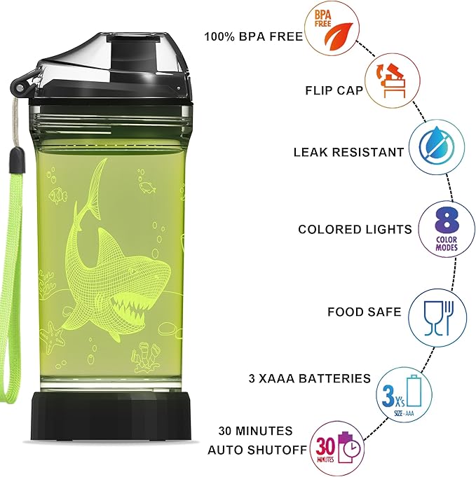 Kids Water Bottle with Shark Design 3D Glowing LED Light-Tritan BPA Free,Perfect for Back-to-School Season, Girls, Boys, Kids, Holiday Camping, Picnic Gifts - 14 oz Travel Mug
