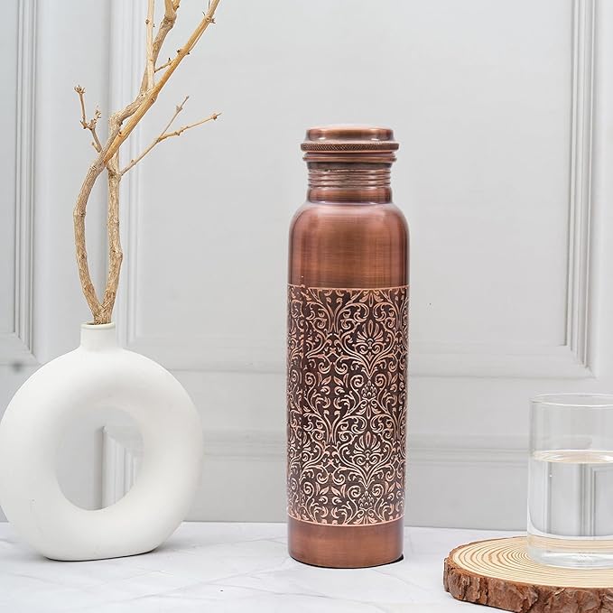VJR Copper Bottle for Drinking Water 33 Oz Ayurvedic Leak Proof lid Floral Engraved Design Durable Lightweight Hand Washable Vessel Clean Cool Water Natural Minerals Boost Energy Safe Water Utensil