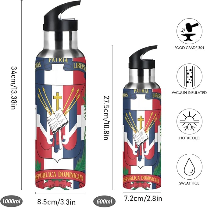 Dominican Republic Flag Sports Water Bottle, Double Wall Vacuum Insulated Stainless Steel Water Bottle with Straw Keeps Hot and Cold, Bike Running Sports Travel Gym 20oz