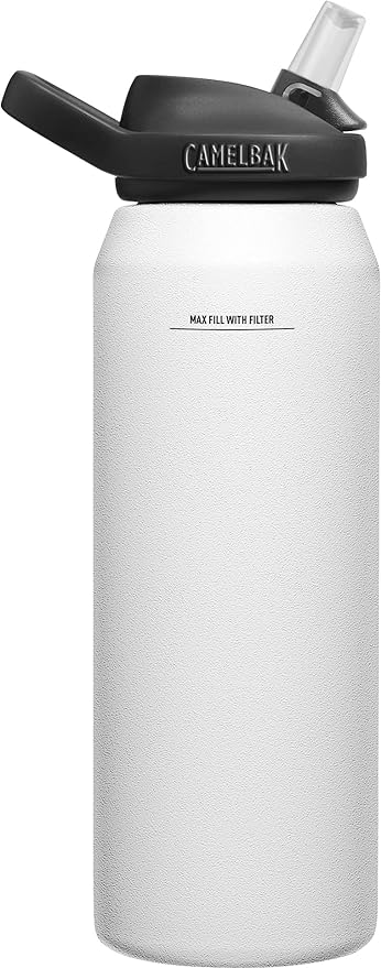 CamelBak eddy+ Water Filter Water Bottle by LifeStraw Integrated 2-Stage Filter Straw - For Hiking, Backpacking, Travel, and Emergency Preparedness - 32oz Vacuum Insulated Stainless Steel, White