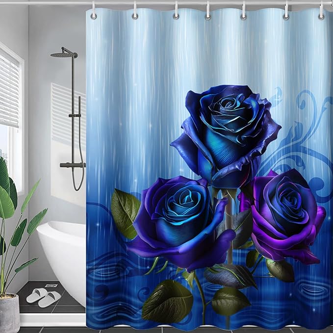 AILONEN Blue Rose Shower Curtain for Girls,Raining Rose Shower Curtain for Bathroom Decor,Women Kids Polyester Waterproof 3D Printed Bath Curtain with 12 Hooks,72" W*84" H