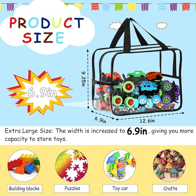 6 Packs Extra Large Toy Storage Bags 12.6×9.25×6.9In with Labels, Reusable Clear PVC Board Game Storage, Travel Waterproof Organizer Bags with Zipper for Building Blocks, Puzzle, Stuffed Animals