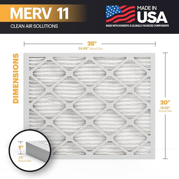 BNX TruFilter 20x25x1 Air Filter MERV 11 (12-Pack) - MADE IN USA - Allergen Defense Electrostatic Pleated Air Conditioner HVAC AC Furnace Filters for Allergies, Dust, Pet, Smoke, Allergy MPR 1200 FPR