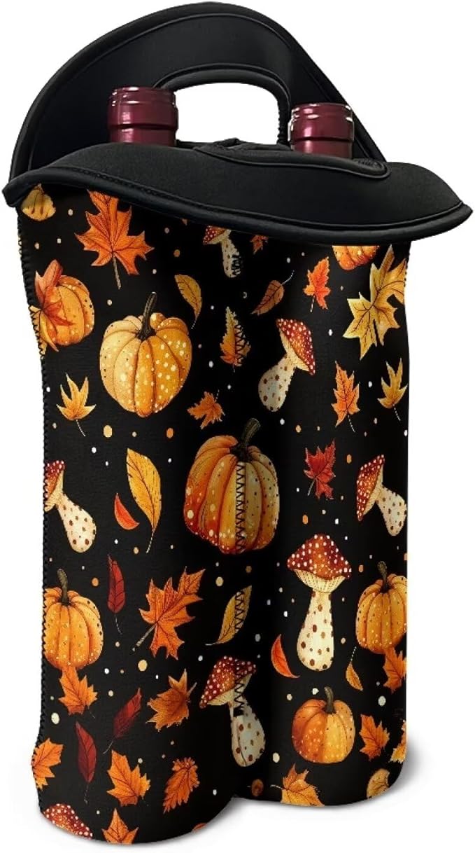 doginthehole 2 Bottle Wine Bag Tote Bag, Fall Maple Leaf Pumpkin Mushroom Neoprene Wine Carrier Tote Bag, Wine Bag for Wine Bottle, Beer Bottle and Water Bottle, Thanksgiving Day Decorations