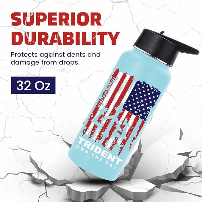 American Flag Water Bottle, 32 oz Insulated Water Bottle, Reusable Water Bottle with Straw, Leak Proof Water Bottles, Thermos Water Bottle - Combat Veteran Small Business (Light Blue, 32 Oz)