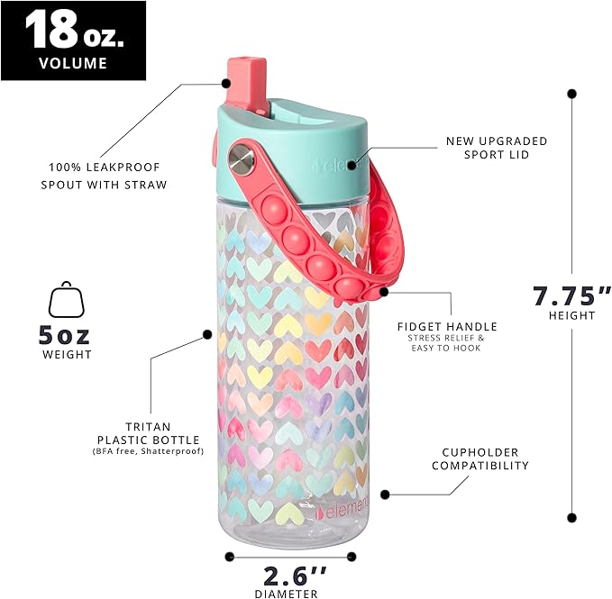Elemental Leak Proof Water Bottles for Kids - Splash Kids Water Bottle for School with Fun Fidget Pop-it Handle - BPA Free Tritan Plastic Reusable Water Bottle with Straw - Rainbow Heart - 18oz