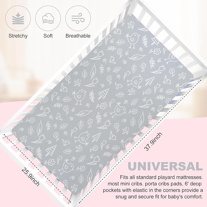 Pack n Play Fitted Sheet. 2 Piece Mini Crib Sheet. Elastic Playard Sheet. Portable Sheet Set. Elastic Convertible Playard Set. Compatible with Graco Pack n Play. (Bears and Birds)