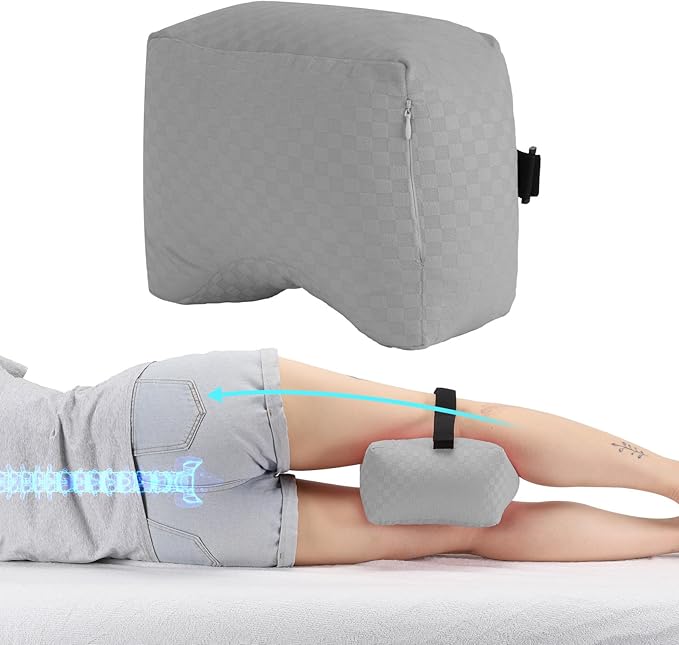Knee Pillow for Side Sleepers - Leg Support Pillow for Sciatica Relief, Hip and Back Pain Alleviation, Spine Alignment with Adjustable Strap (Grey-Checker)