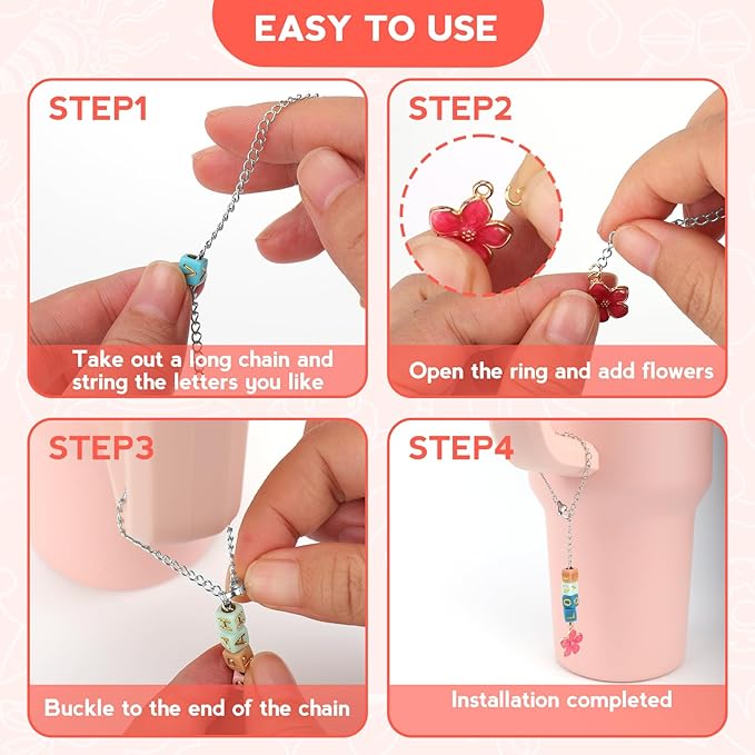 Mity rain 4 Pack Letter Charm Accessories for Stanley Cup, 4 PCS Charm Chains and 400PCS DIY Letter Beads, Letter Handle Charm Designed for Stanley Tumbler Handle Decorations (Silver)