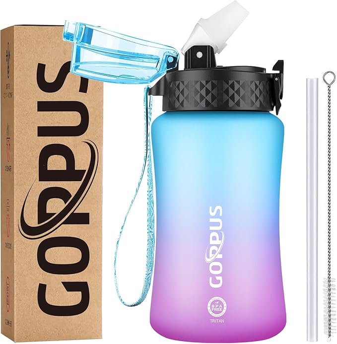 GOPPUS Kids Water Bottle with Straw Spout Lid 10pcs Stickers 12 oz Leak-proof BPA Free Motivational Time Marker Tritan Plastic Water Bottles for Girls Boys School Sports