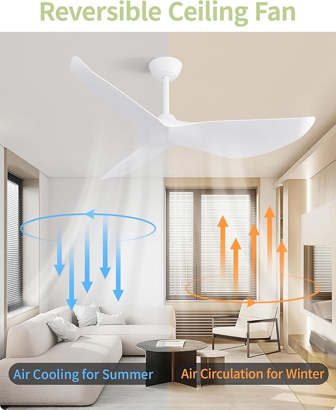 CACI Mall Ceiling Fans without Lights - 52-Inch Flush Mount Ceiling Fan with 6 Speeds, 3 Timer Remote, Quiet Reversible DC Motor, and 5"/10"/25" Replacement Downrods (White ABS Blades)