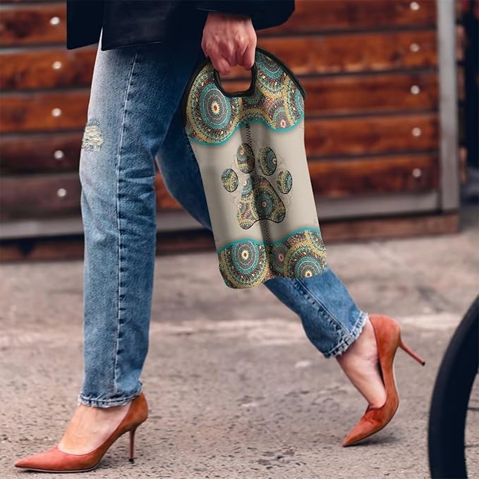 doginthehole Boho Dog Paw Print Wine Carrier Travel Bag 2 Bottle Wine Tote Portable Neoprene Champagne/Water Bottle/Beer/Drinks Carrying Bag for Travel, Picnic, Party