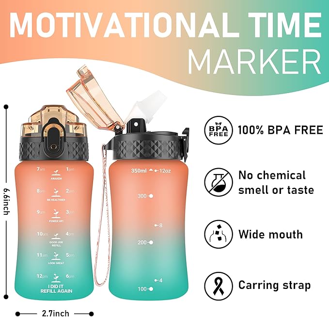 GOPPUS Kids Water Bottle with Straw Spout Lid 10pcs Stickers 12 oz Leak-proof BPA Free Motivational Time Marker Tritan Plastic Water Bottles for Girls Boys School Sports