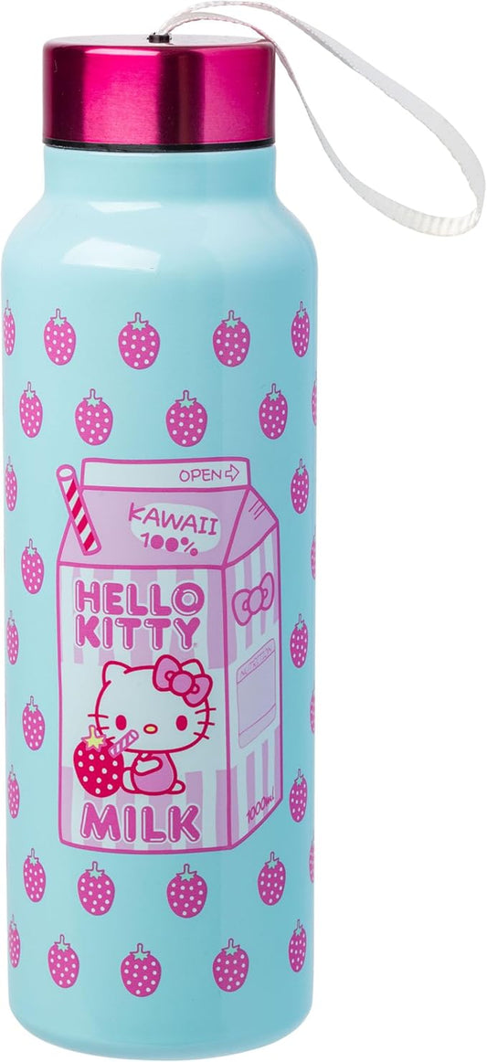 Silver Buffalo Sanrio Hello Kitty Strawberry Milk Stainless Steel Water Bottle with Strap, 27 Ounces