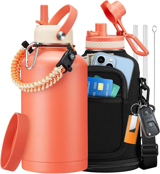 64 oz Water Bottles Insulated - Cold 48H Hot 24H, Half Gallon Water Jug w/Straw & Spout Lid, Handle Strap Carrier Bag, Leak Proof 2Liter Stainless Steel Thermo Flask for Gym Sports Work Coral Orange
