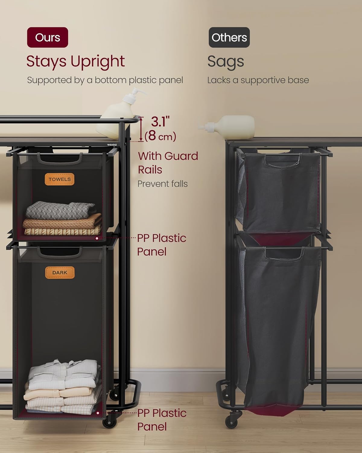 VASAGLE Laundry Sorter, Laundry Hamper with Wheels, 39.6 Gal. (150 L) Portable Rolling Cart Baskets with Shelf, 4 Removable Liners and 6 Labels, Ink Black and Chestnut Brown URLS100B01