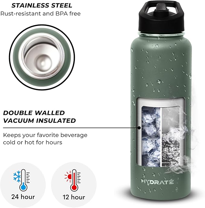 HYDRATE Insulated Stainless Steel Water Bottle - Large Reusable Flask with Leak-Proof Design and Convenient Handle - Double Vacuum Insulation for School, Work, or Adventure