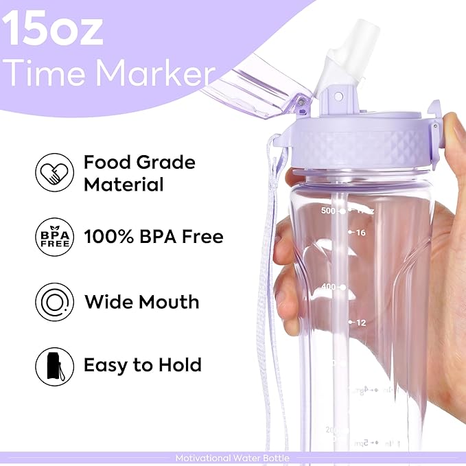 OLDLEY Kids Water Bottle with Straw 15 oz BPA-Free Leak-Proof Motivational Water Bottles with Time Marker for School Sports Travel Gym, Easy to Use for Girls Goys, 1 Straw Lid, Transparent-purple