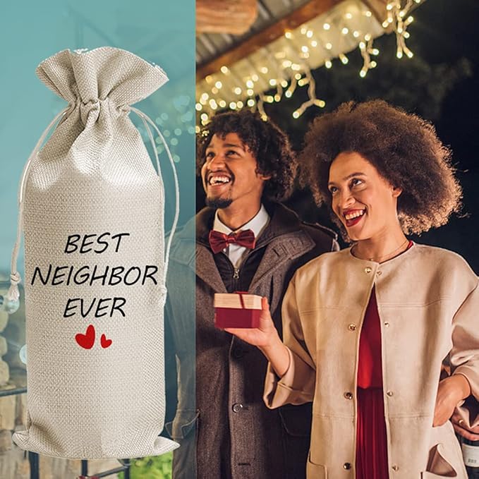 JioJio Chan Housewarming Gift Wine Bags, Housewarming Party Decorations, Burlap Drawstring Wine Bag, Funny Personalized Gift Ideas, New Home Owner Gift, Best Neighbor Ever, for Neighbor