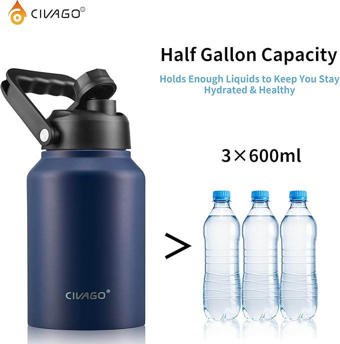 CIVAGO Half Gallon Insulated Water Bottle Jug with Straw, 64 oz Large Stainless Steel Sports Metal Water Flask with Handle, Big Thermal Water Cup Mug with 2 Lids for Camping & Fishing, Cream