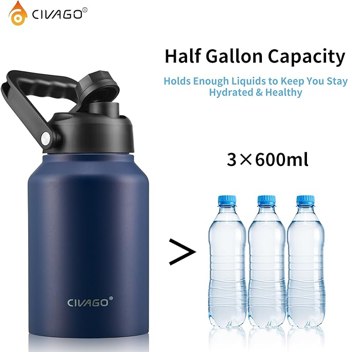 CIVAGO Half Gallon Insulated Water Bottle Jug with Straw, 64 oz Large Stainless Steel Sports Metal Water Flask with Handle, Big Thermal Water Cup Mug with 2 Lids for Camping & Fishing, Black Gray