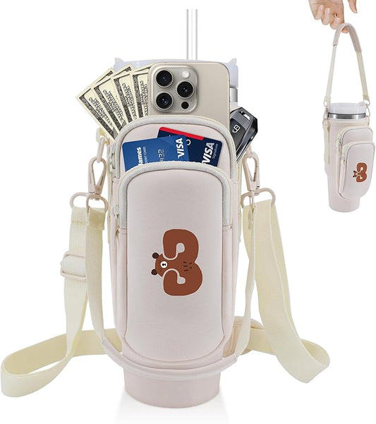 Water Bottle Carrier Bag with Phone Pocket for Stanley 40 oz Tumbler Neoprene Water Bottle Holder Pouch with Adjustable Strap Bollus with Straw Cover & Carabiner for Stanley Cup Accessories