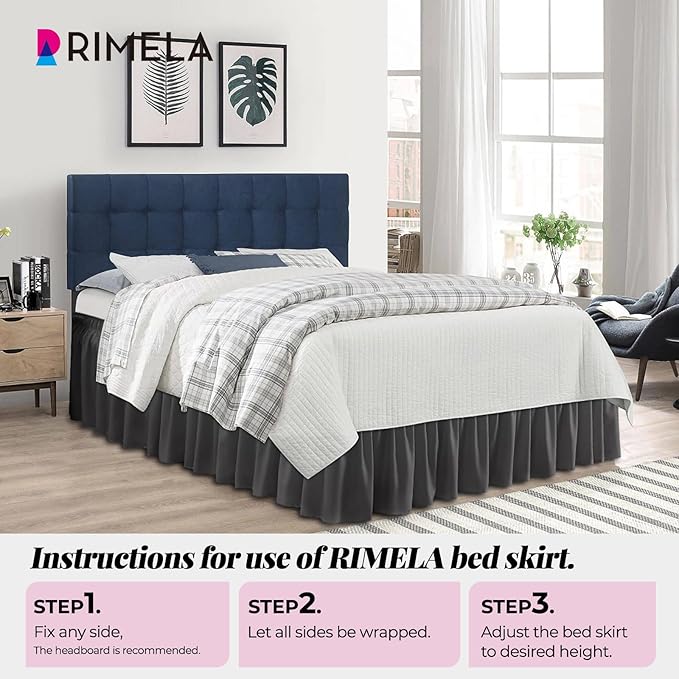 RIMELA Bed Skirting Queen Size Dark Grey Bed Skirt 18 Inch Drop, Wrap Around Elastic Adjustable Bedskirt, Dust Ruffle for Bed Frame & Box Spring Soft Durable Fabric Machine Washable Easy to Install