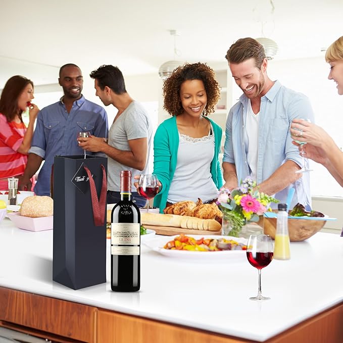 Wine Bags, 6 Packs, Strong Card Paper Wine Gift Bag with Ribbon Handles and Thank You Card, 4-3/8x 4 x 14" Fit 750ml Wine Bottle or Champagnes - Black 6