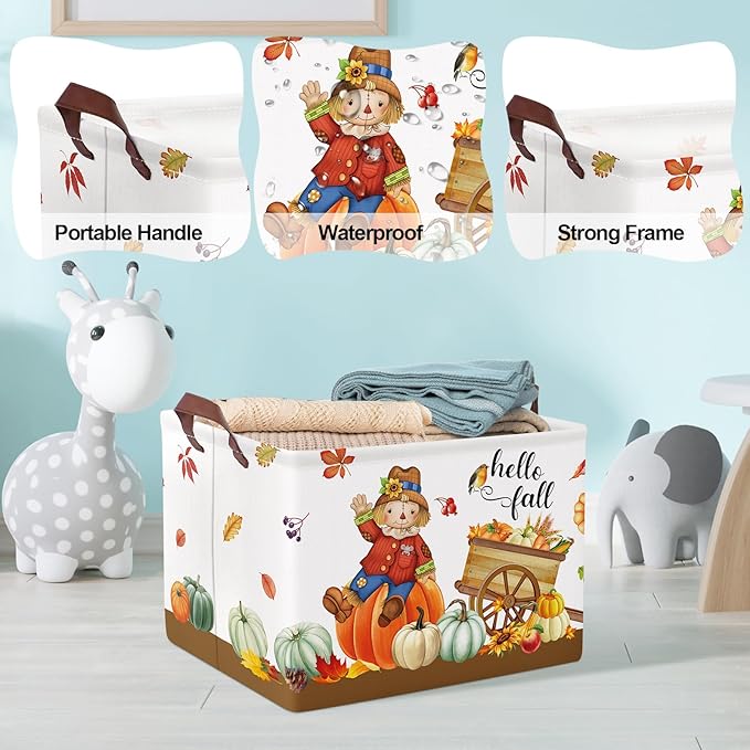 Clastyle Rectangular Scarecrow Cart Fall Basket Farm Harvest Turkey Thanksgiving Storage Bin Maple Leaf Pumpkin Large Gift Basket Autumn Clothes Toy Book Shelf Basket