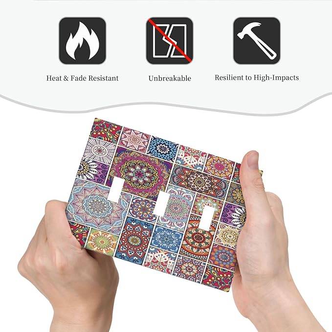 Morocco Talavera Mexican Tiles Printed Colroful Mandala 3 Gang Light Switch Covers Triple Toggle Wall Plate Decorative Switchplate Electrical Faceplate for Kitchen Bathroom Bedroom Decor