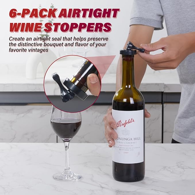 Wine Stopper，6 Pack Wine Stoppers for Wine Bottles，Plastic Vacuum Wine Bottle Stopper Wine Saver with Airtight Seal，Keep Wine Fresh Wine Bottle Sealer Set
