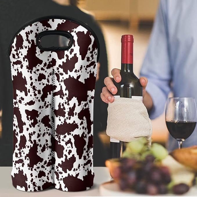 doginthehole Brown Cow Print Wine Tote Carrier Bag 2 Bottle Insulated Neoprene Wine/Water Bottle Holder Protective Travel Bag Champagne Cooler Bag for Beach Picnic Dinner Wedding
