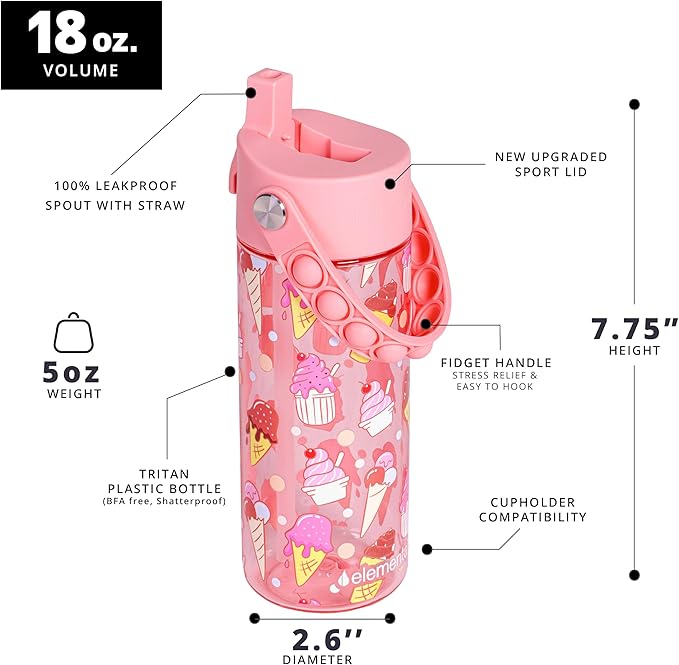 Elemental Leak Proof Water Bottles for Kids - Splash Kids Water Bottle for School with Fun Fidget Pop-it Handle - BPA Free Tritan Plastic Reusable Water Bottle with Straw - Ice Cream - 18oz